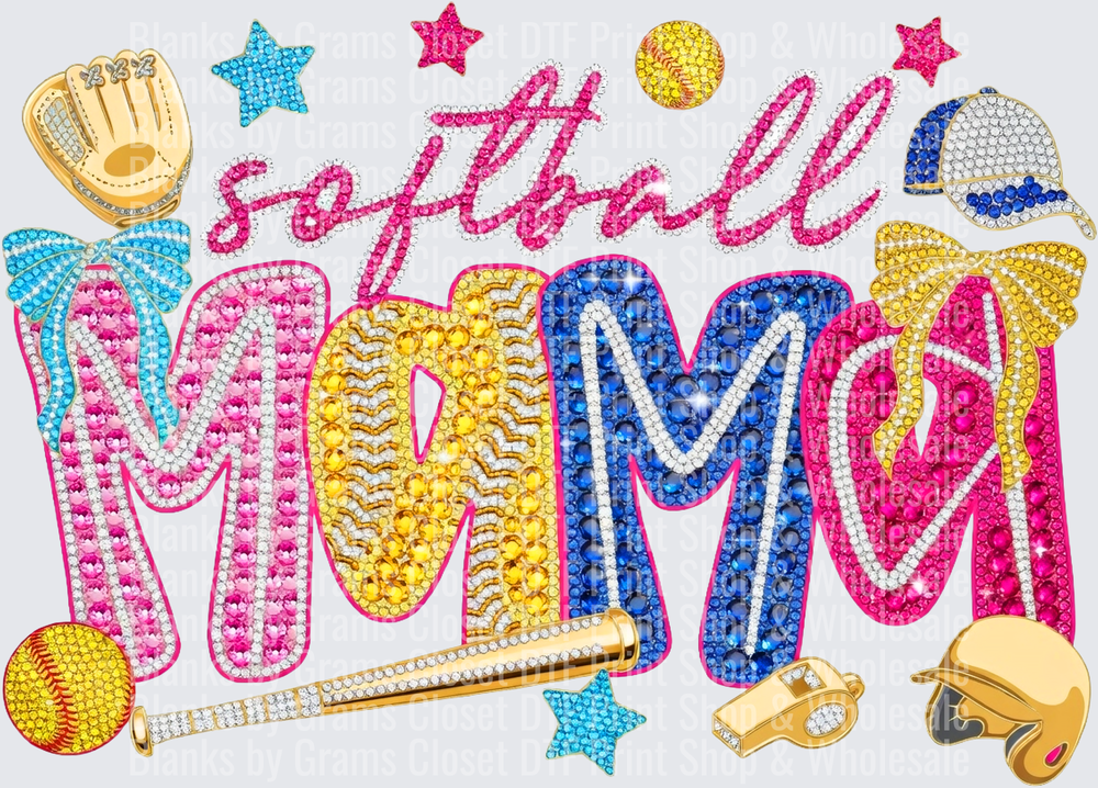 Rhinestone Softball Mom with Baseball Equipment and Stars