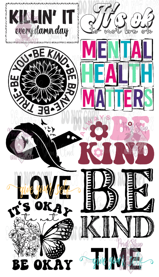 Mental Health DTF Transfers – 22x40 Curated Gang Sheets