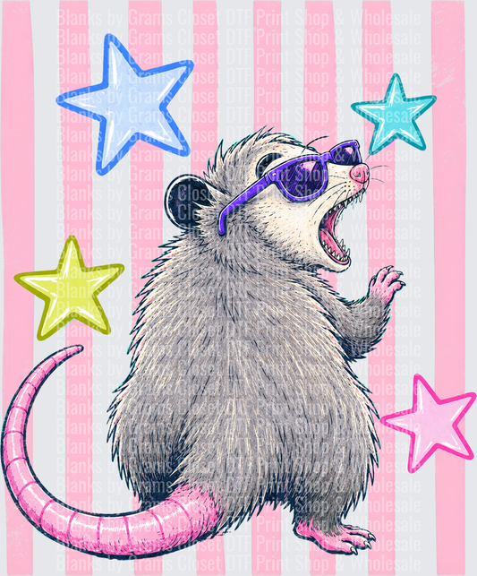 Funky Opossum Wearing Sunglasses with Colorful Stars on Pink Stripes