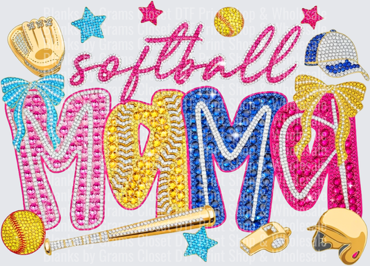 Rhinestone Softball Mom with Baseball Equipment and Stars