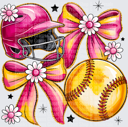 Pink Softball Helmet with Bows and Daisy Flowers