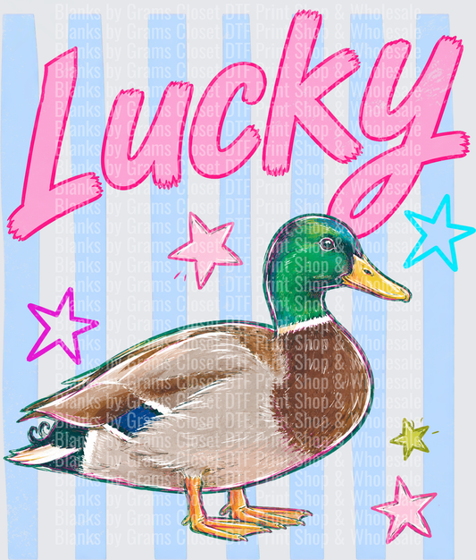 Lucky Duck Mallard with Colorful Stars on Blue Stripes