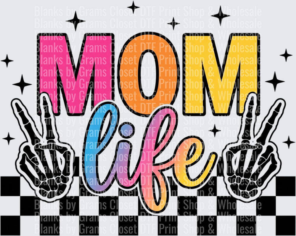 Mom Life Rainbow Letters Peace Signs Checkered Border Stars