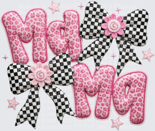 Mom with Pink Leopard Print and Checkered Bows with Flowers