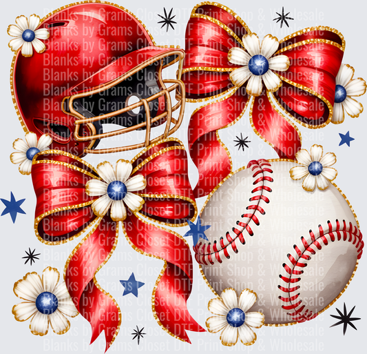 Red Football Helmet with Baseball and Patriotic Ribbon Bow